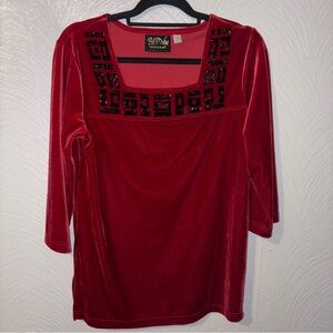Bob Mackie Wearable Art Red Velour Square Neckline Beaded Long Sleeve Size S